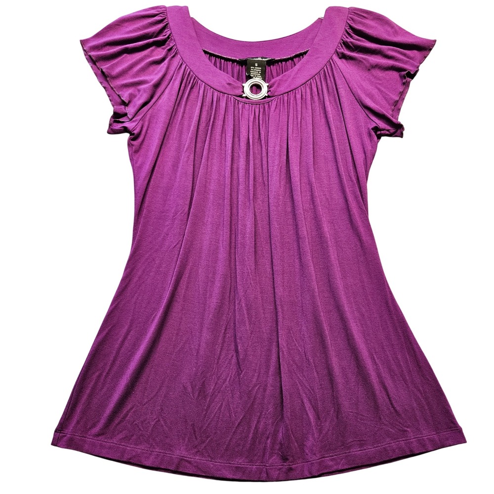 Willi Smith Purple Pleated Scoop Neck Blouse Ring Detail Cap Sleeve Top Small
